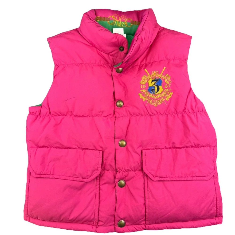 Ralph Lauren Girls Equestrian Down Filled Reversible Puffer Vest Pink/Green 16‎